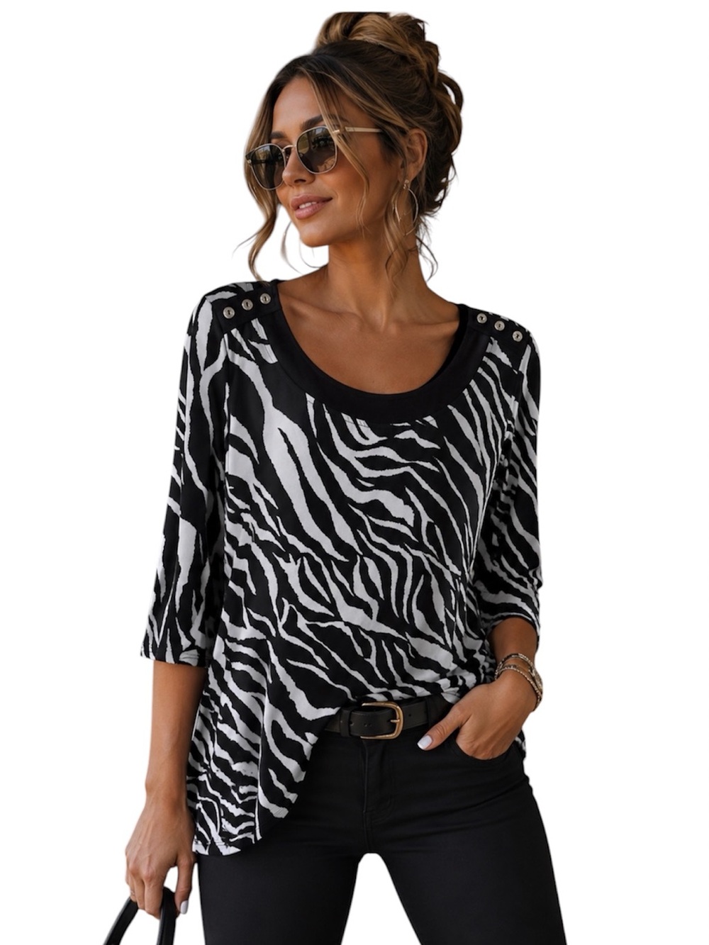 Frank Lyman Design Black & White Zebra-Print Blouse